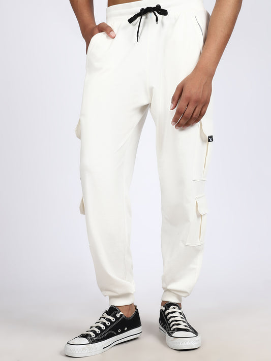Men Solid Cargo Joggers White 6 Pocket