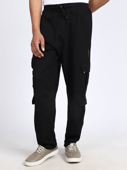 Men Solid Cargo Black 6 Pocket