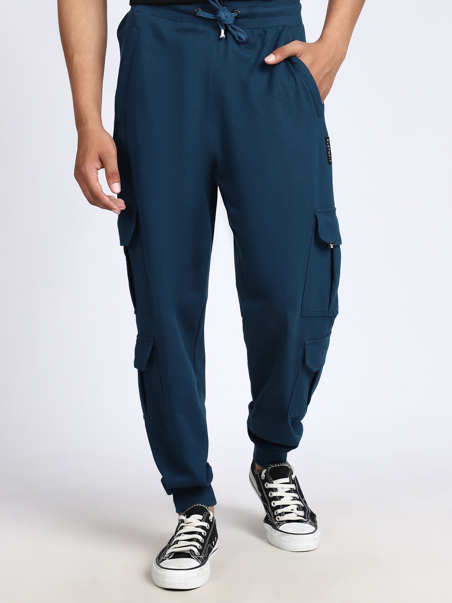Men Solid Cargo Joggers Blue 6 Pocket