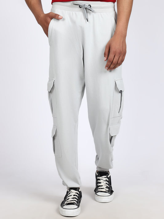 Men Solid Cargo Joggers Light Gray 6 Pocket