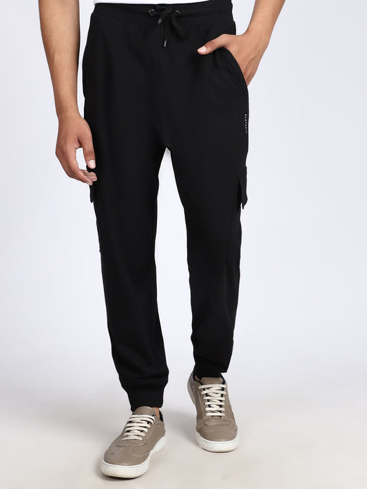 Men Solid Cargo Joggers Black