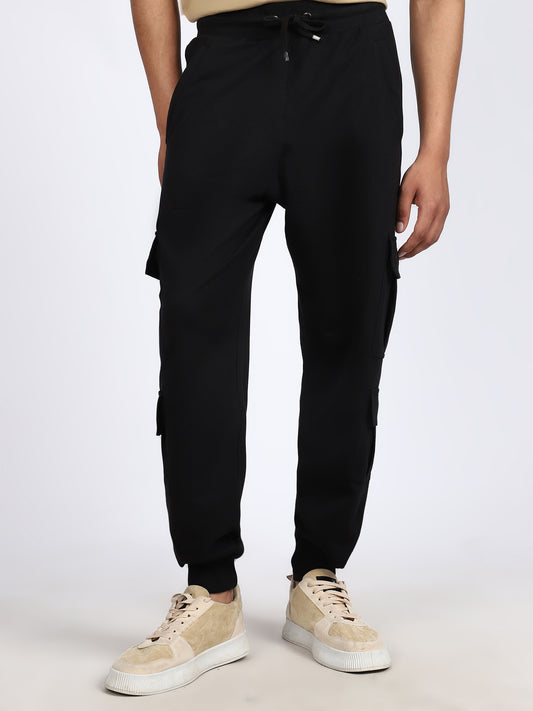 Men Solid Cargo Joggers Black 6 Pocket