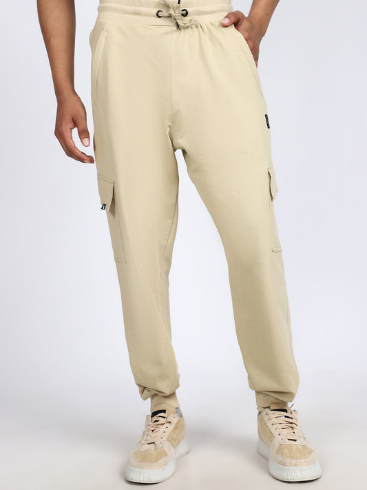 Men Solid Cargo Joggers Beige