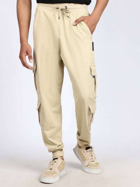 Men Solid Cargo Joggers Beige 6 Pocket