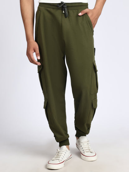 Men Solid Cargo Joggers Green 6 Pocket
