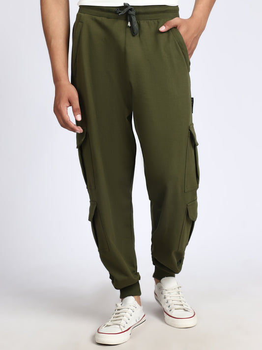 Men Solid Cargo Joggers Green 6 Pocket