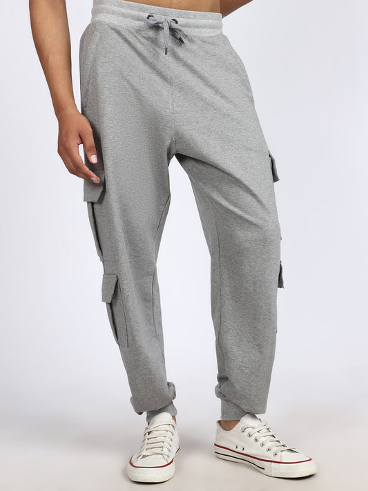Men Solid Cargo Joggers Gray 6 Pocket