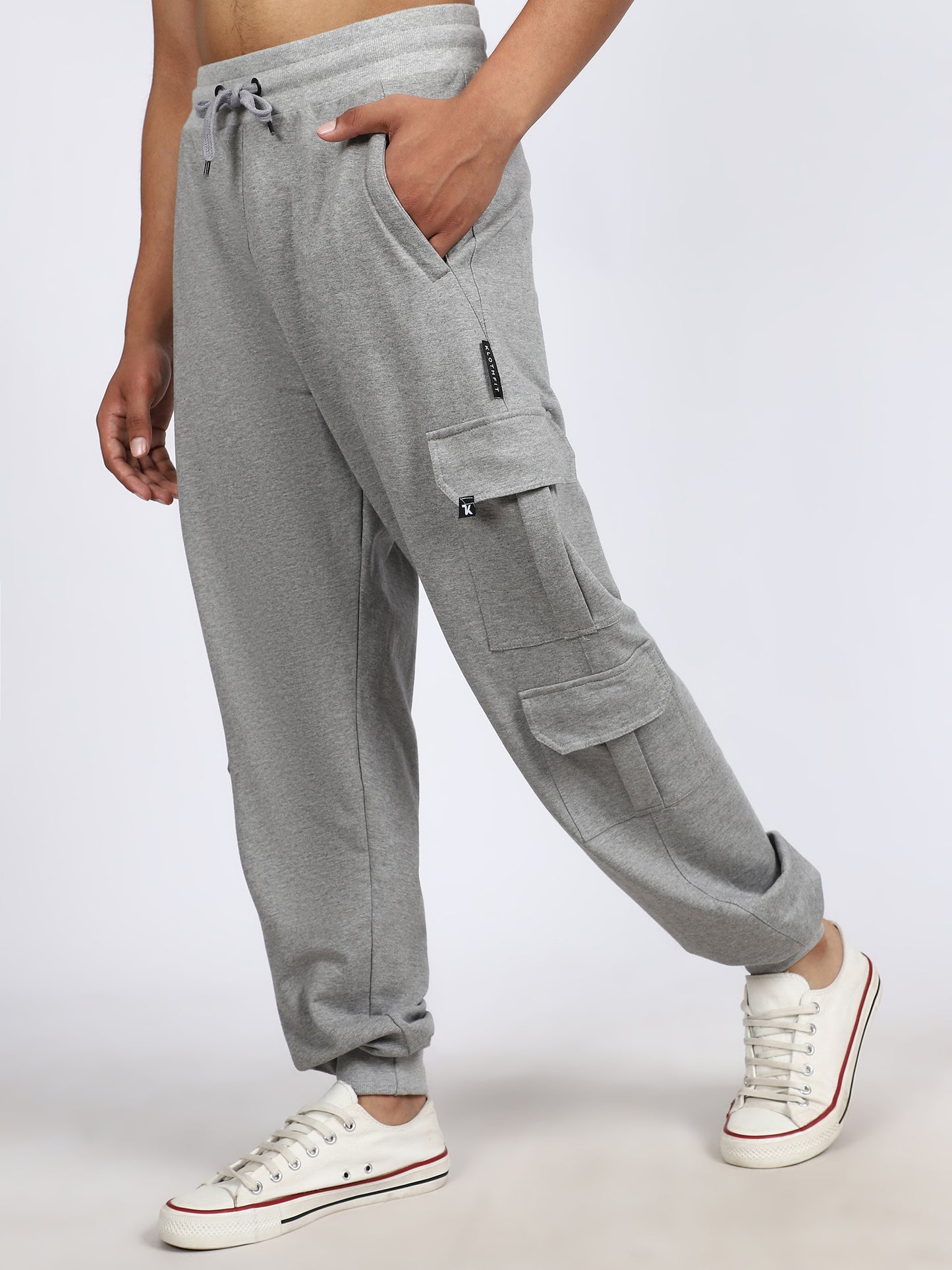 Men Solid Cargo Joggers Gray 6 Pocket