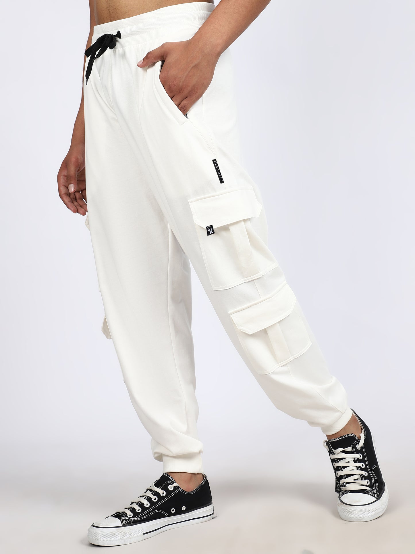 Men Solid Cargo Joggers White 6 Pocket