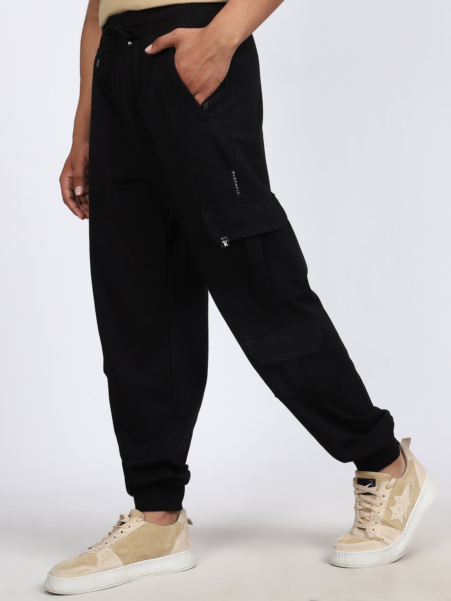 Men Solid Cargo Joggers Black 6 Pocket