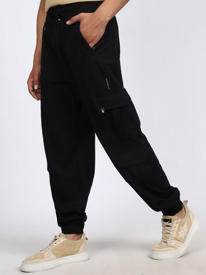 Men Solid Cargo Joggers Black 6 Pocket