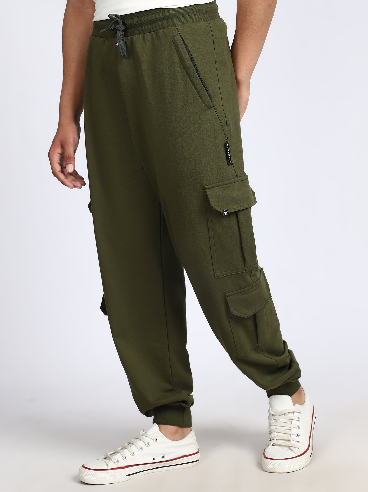 Men Solid Cargo Joggers Green 6 Pocket