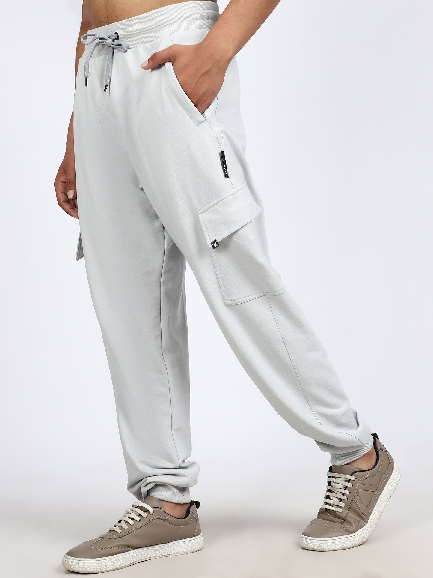 Men Solid Cargo Joggers Light Gray