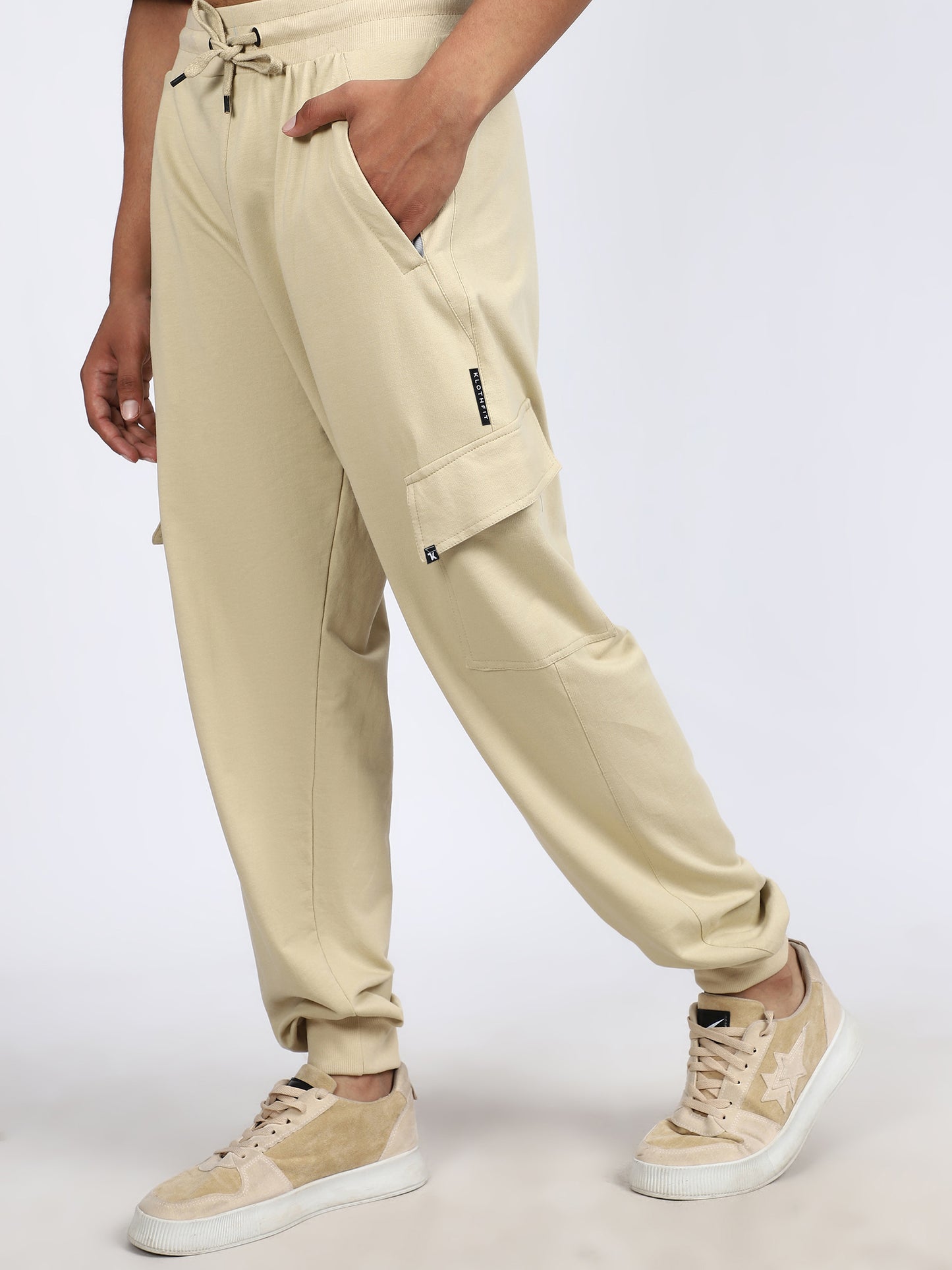Men Solid Cargo Joggers Beige
