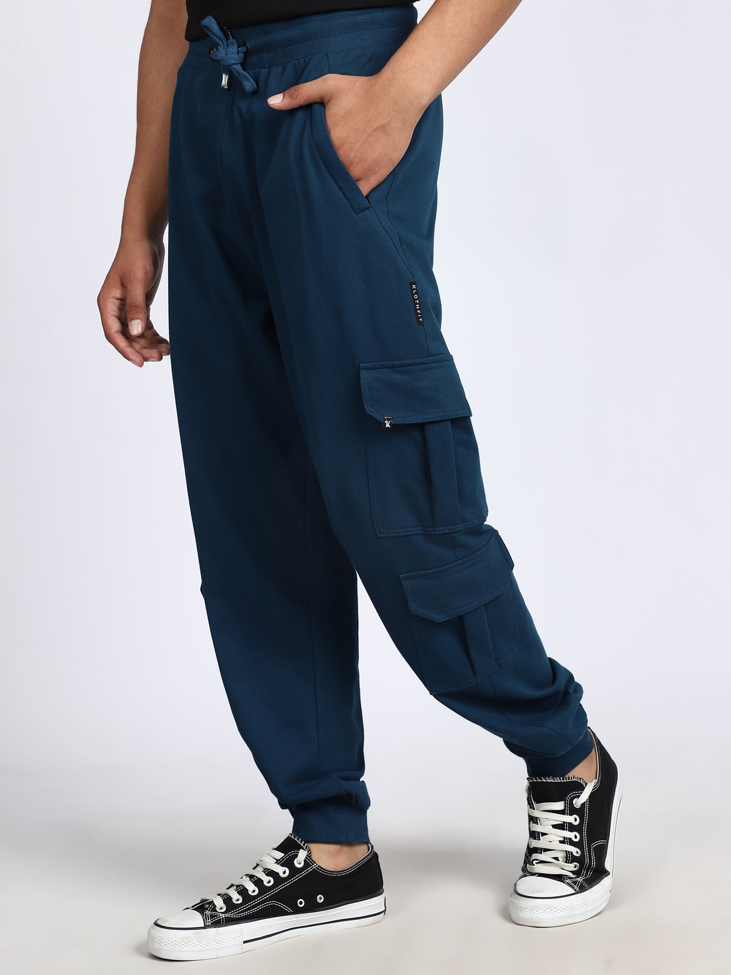 Men Solid Cargo Joggers Blue 6 Pocket