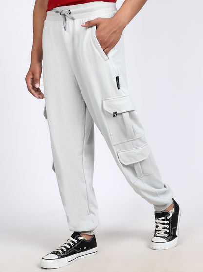Men Solid Cargo Joggers Light Gray 6 Pocket