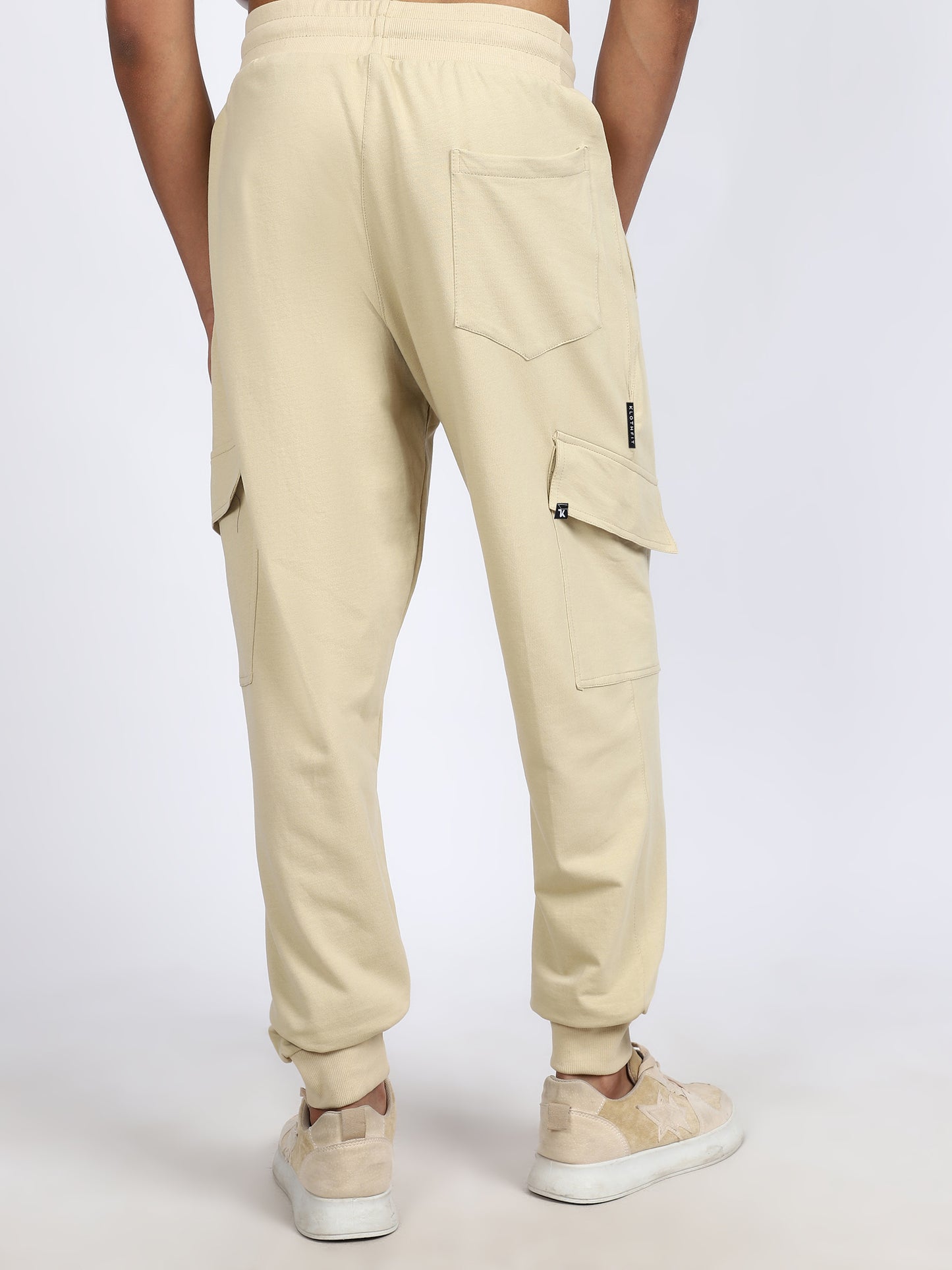 Men Solid Cargo Joggers Beige