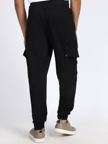 Men Solid Cargo Joggers Black