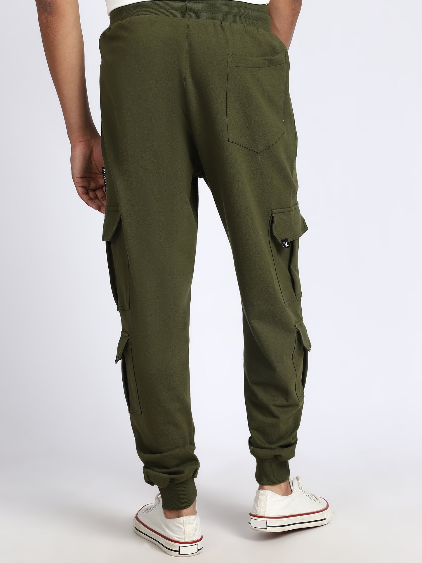 Men Solid Cargo Joggers Green 6 Pocket
