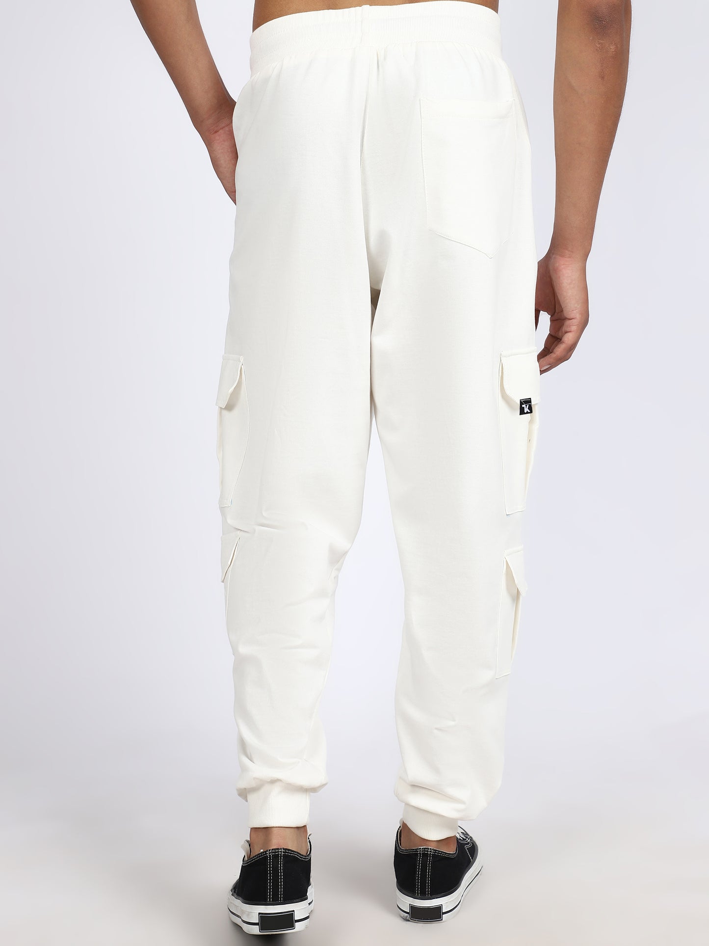 Men Solid Cargo Joggers White 6 Pocket