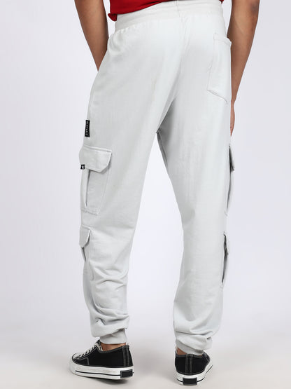 Men Solid Cargo Joggers Light Gray 6 Pocket