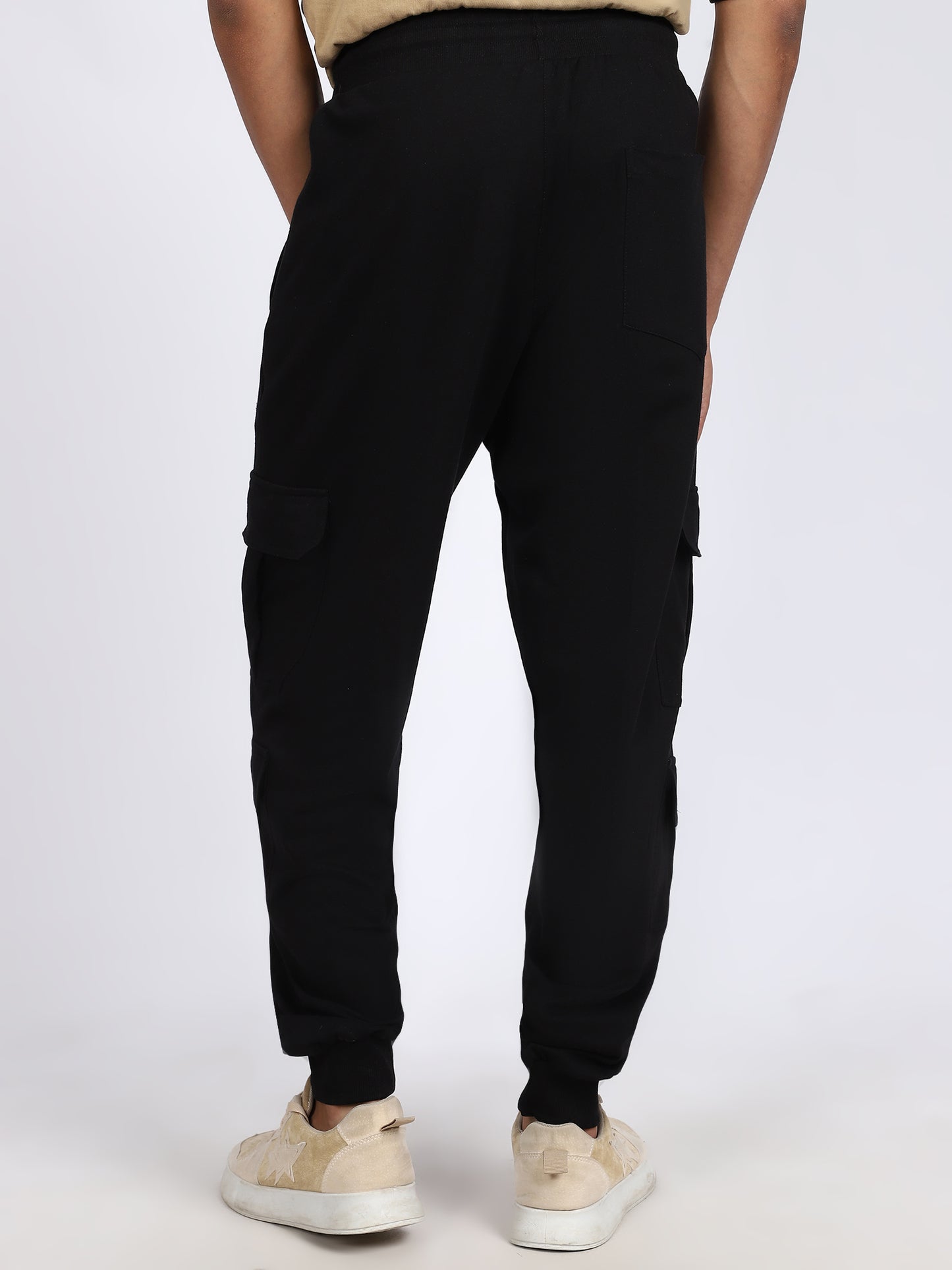 Men Solid Cargo Joggers Black 6 Pocket