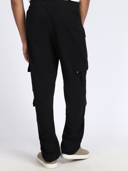Men Solid Cargo Black 6 Pocket