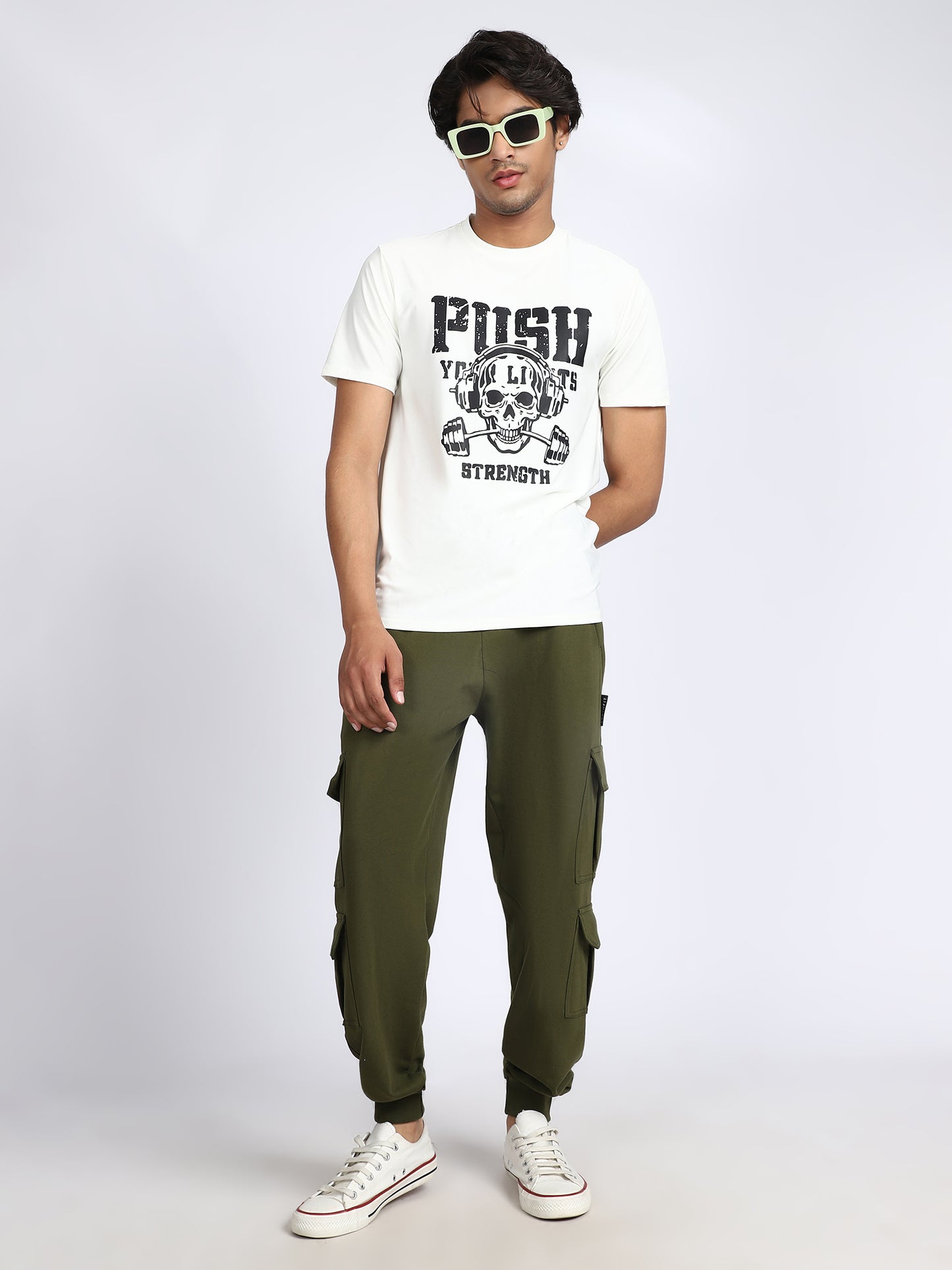 Men Solid Cargo Joggers Green 6 Pocket