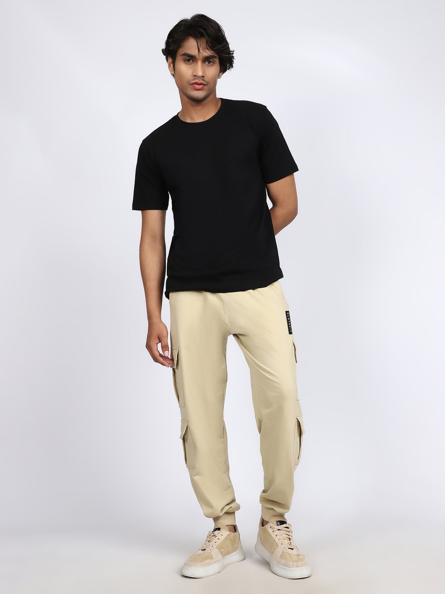 Men Solid Cargo Joggers Beige 6 Pocket