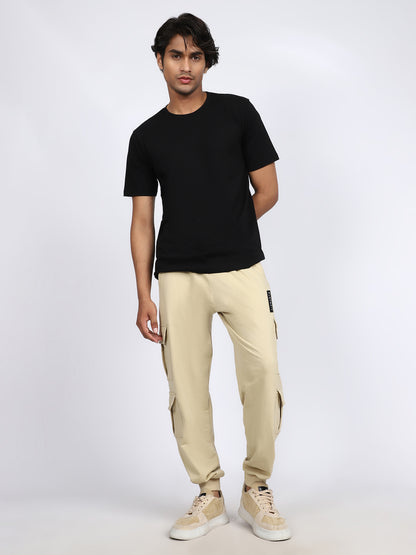 Men Solid Cargo Joggers Beige 6 Pocket