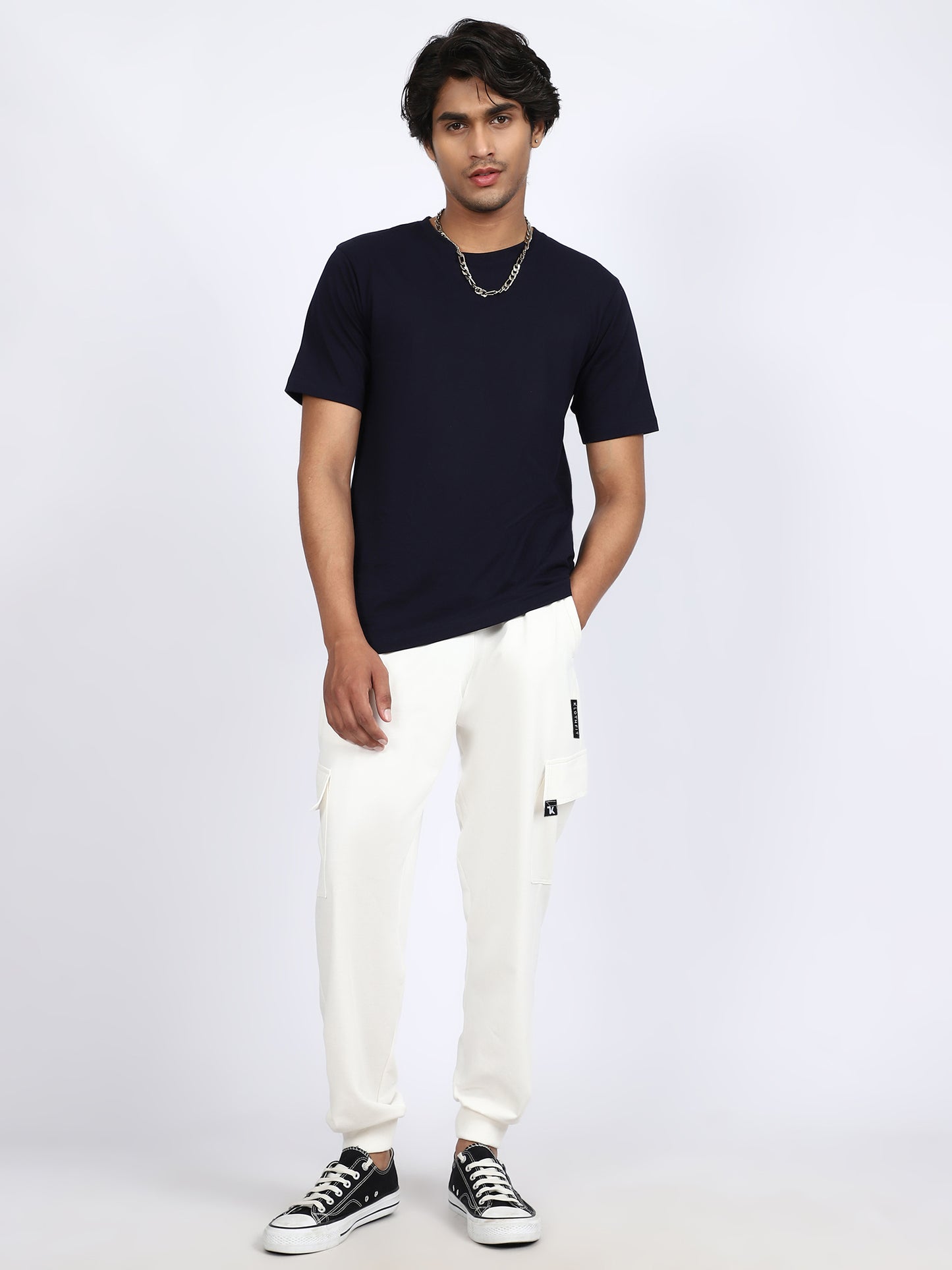 Men Solid Cargo Joggers White