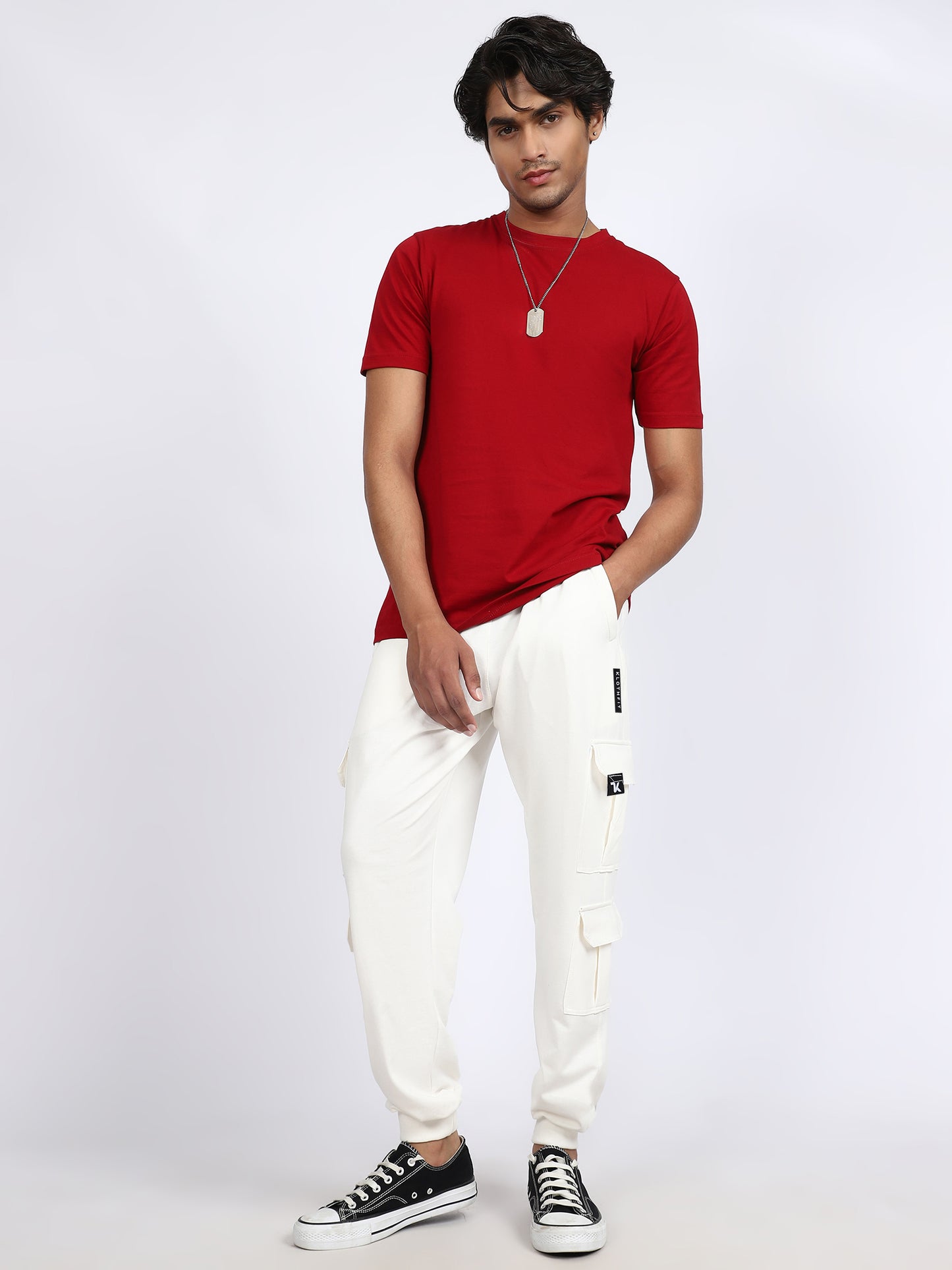 Men Solid Cargo Joggers White 6 Pocket