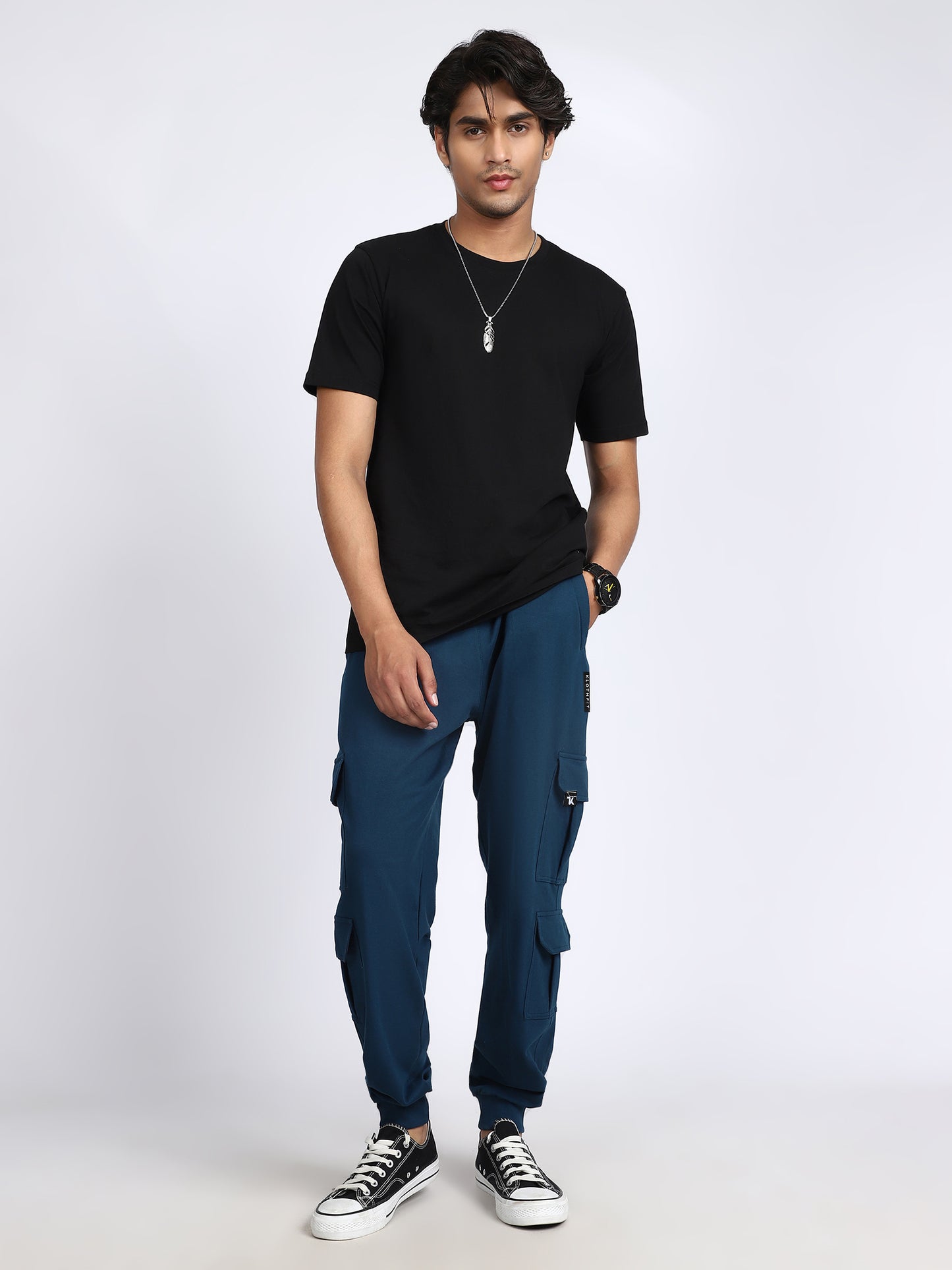 Men Solid Cargo Joggers Blue 6 Pocket