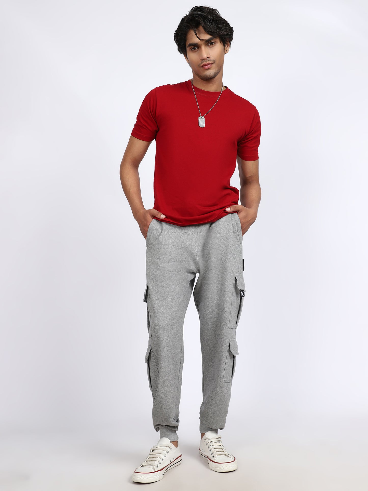 Men Solid Cargo Joggers Gray 6 Pocket
