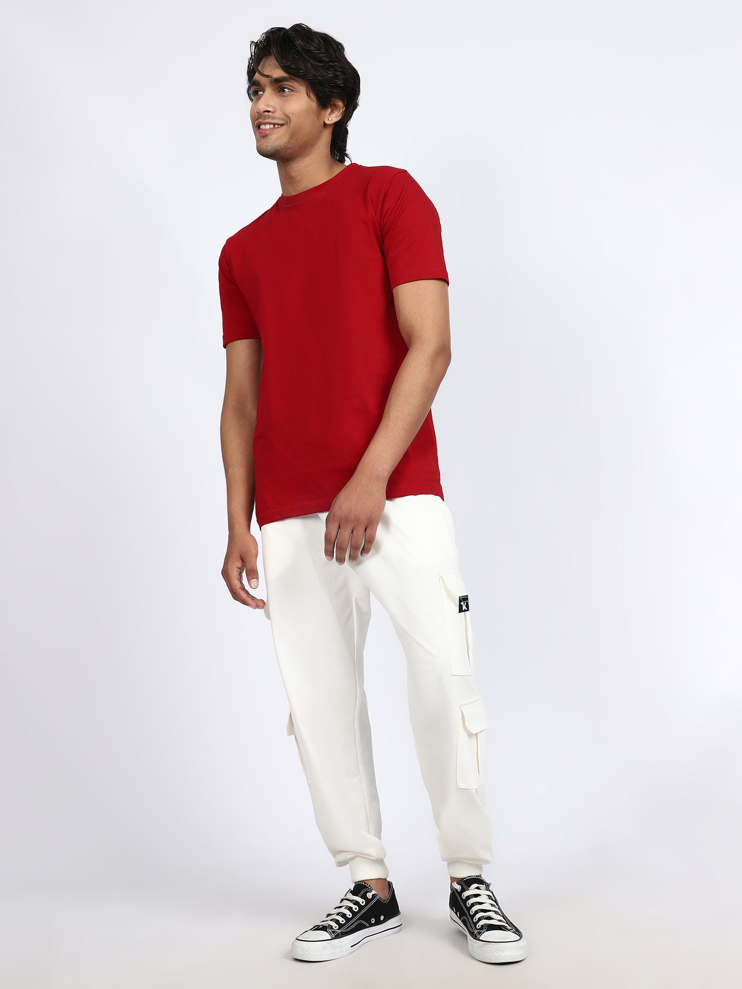 Men Solid Cargo Joggers White 6 Pocket