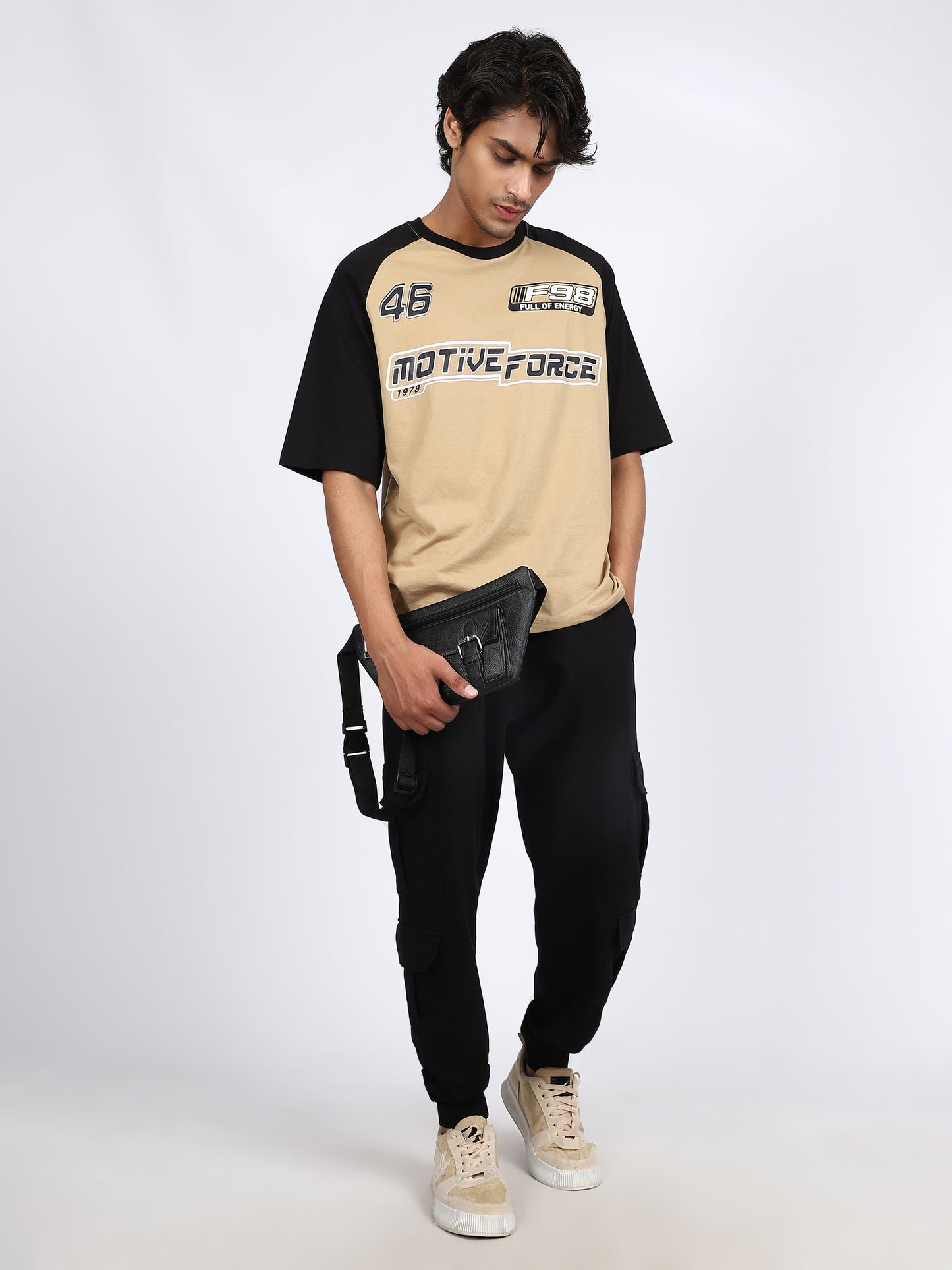Men Solid Cargo Joggers Black 6 Pocket
