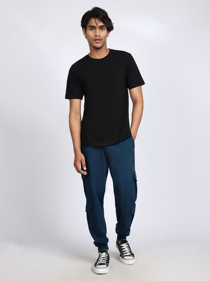 Men Solid Cargo Joggers Blue 6 Pocket