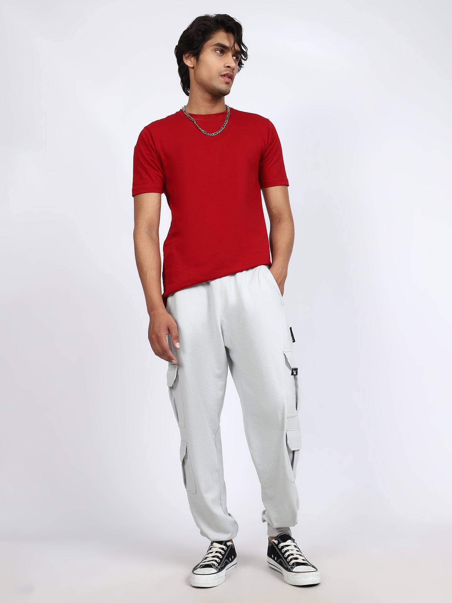Men Solid Cargo Joggers Light Gray 6 Pocket