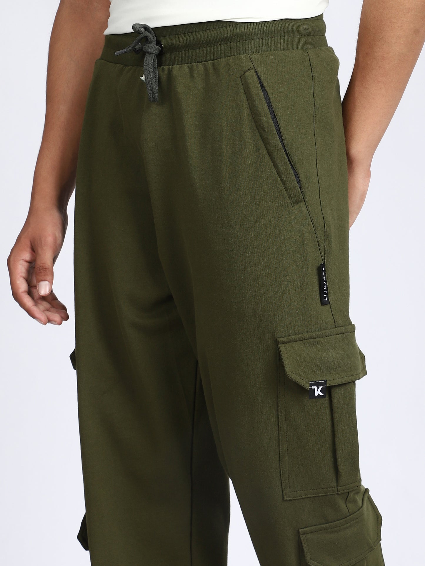 Men Solid Cargo Joggers Green 6 Pocket