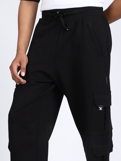 Men Solid Cargo Black 6 Pocket