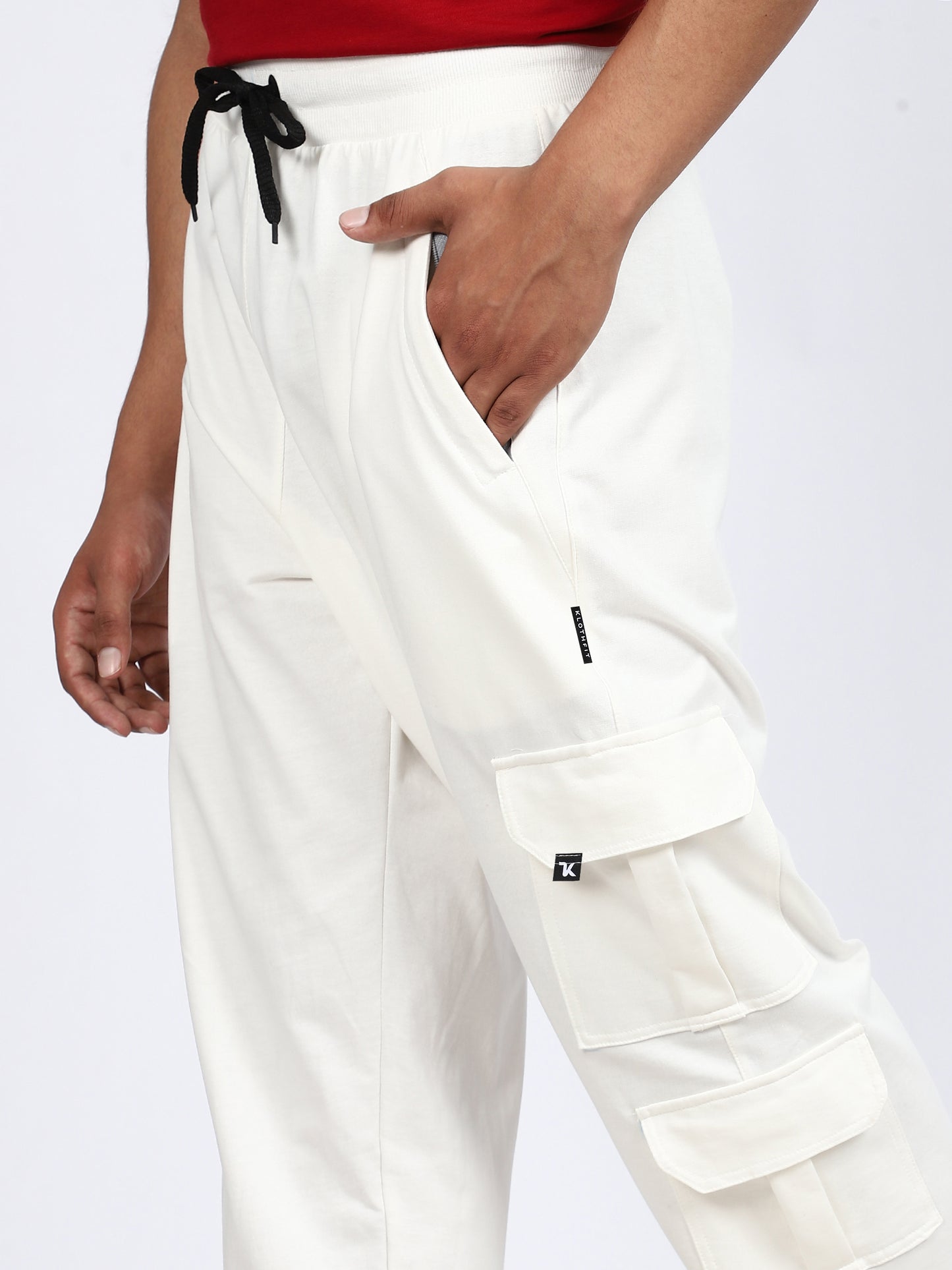 Men Solid Cargo White 6 Pocket