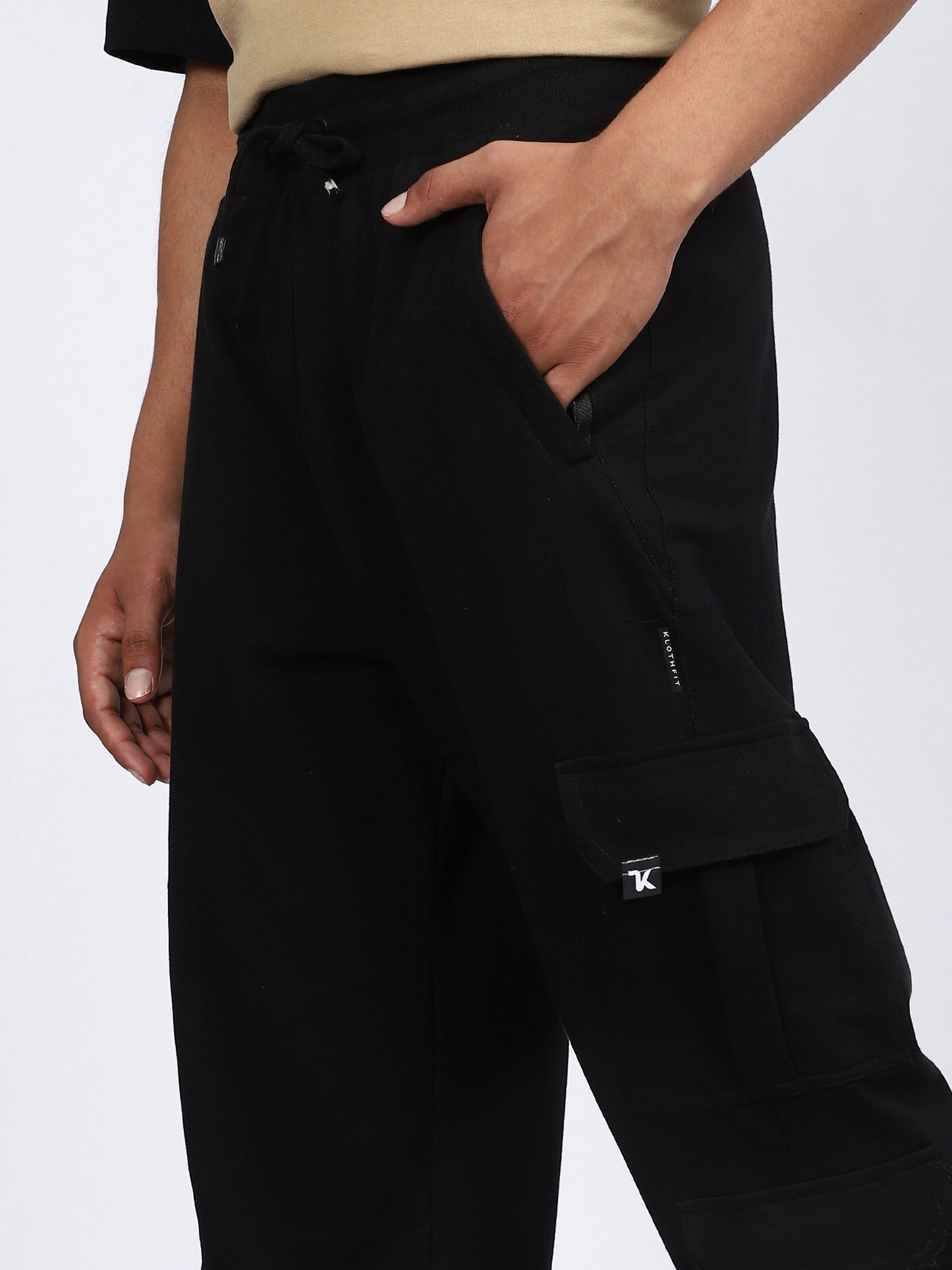 Men Solid Cargo Joggers Black 6 Pocket