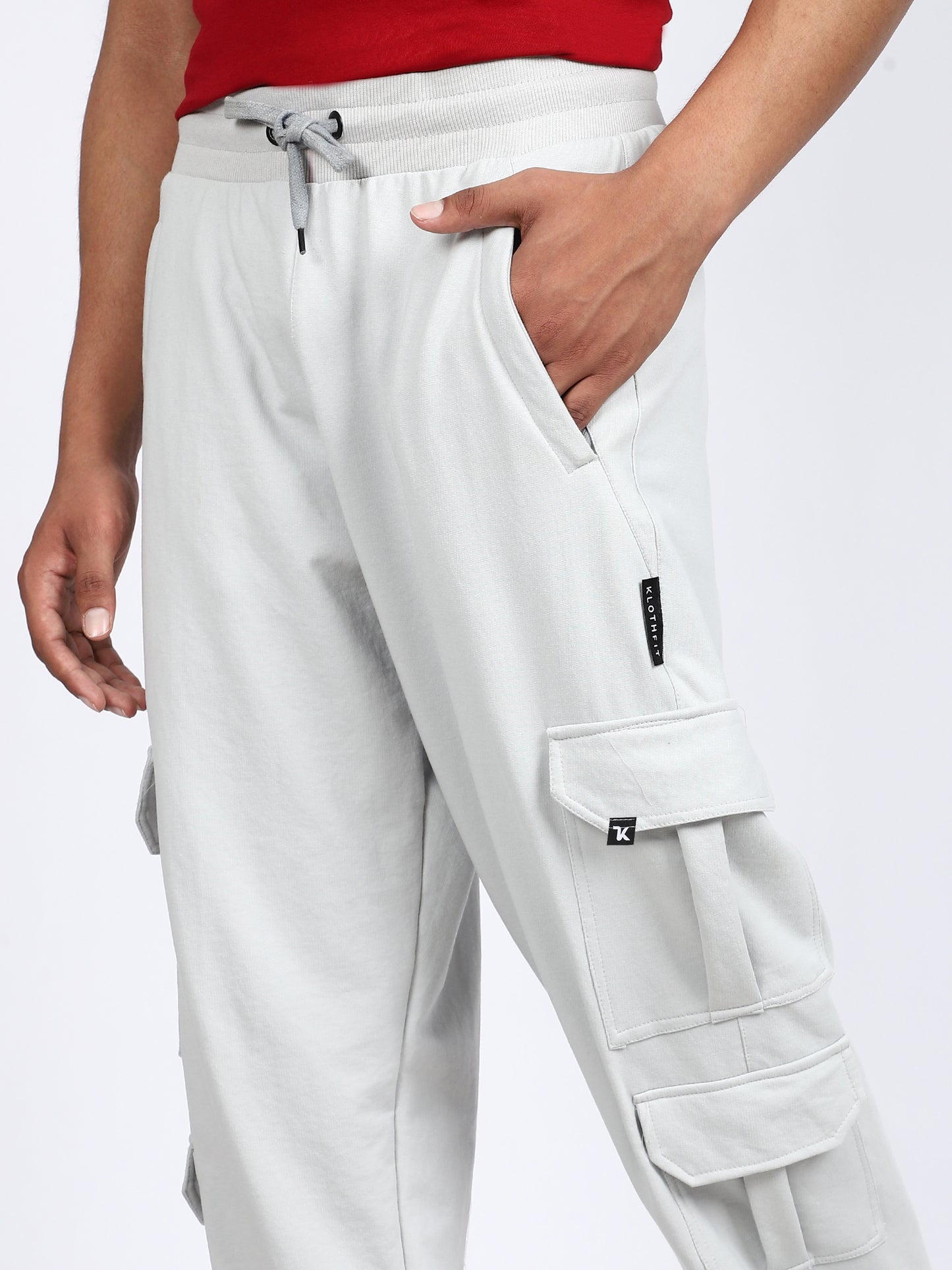 Men Solid Cargo Joggers Light Gray 6 Pocket