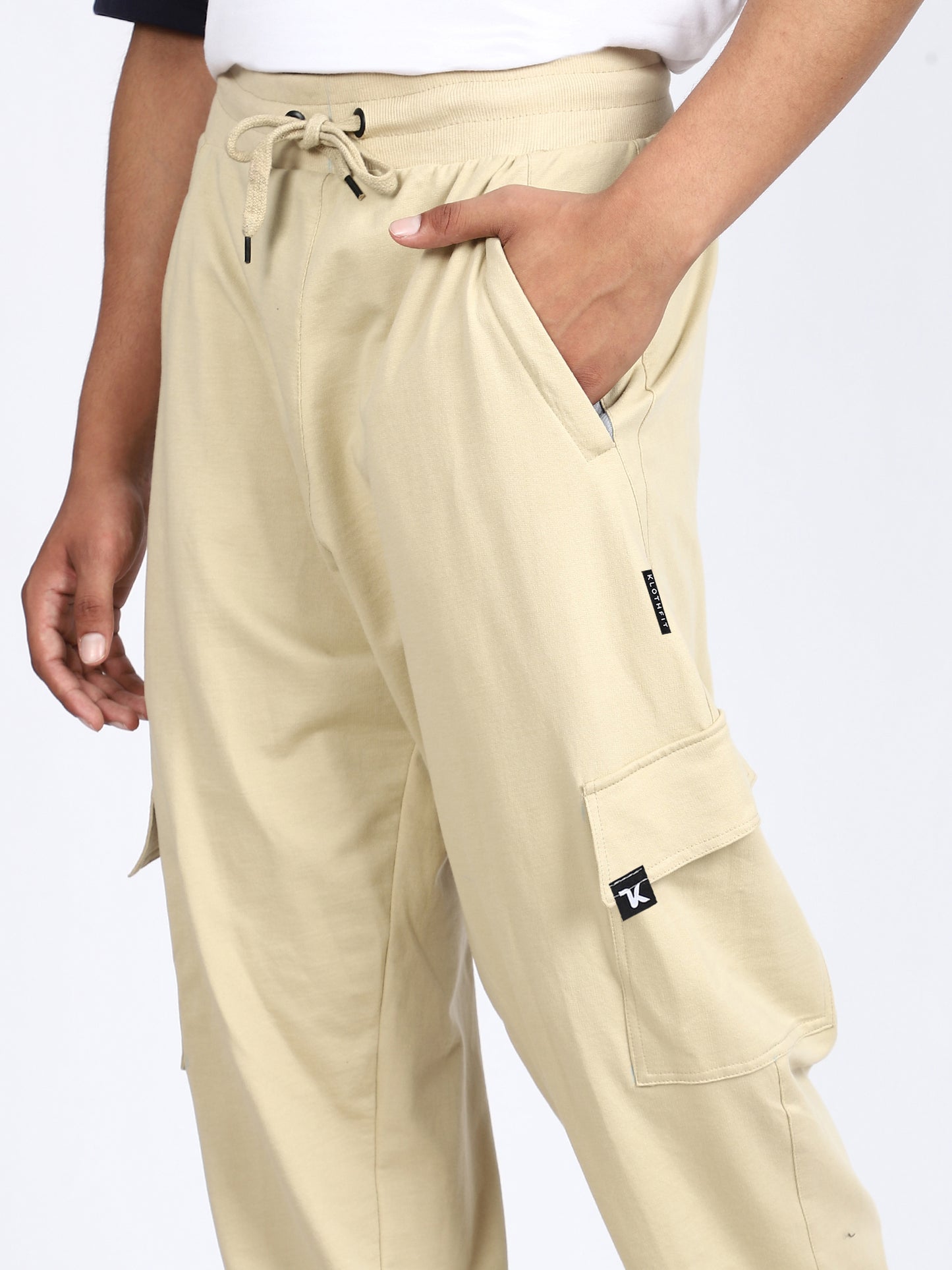 Men Solid Cargo Pants Beige