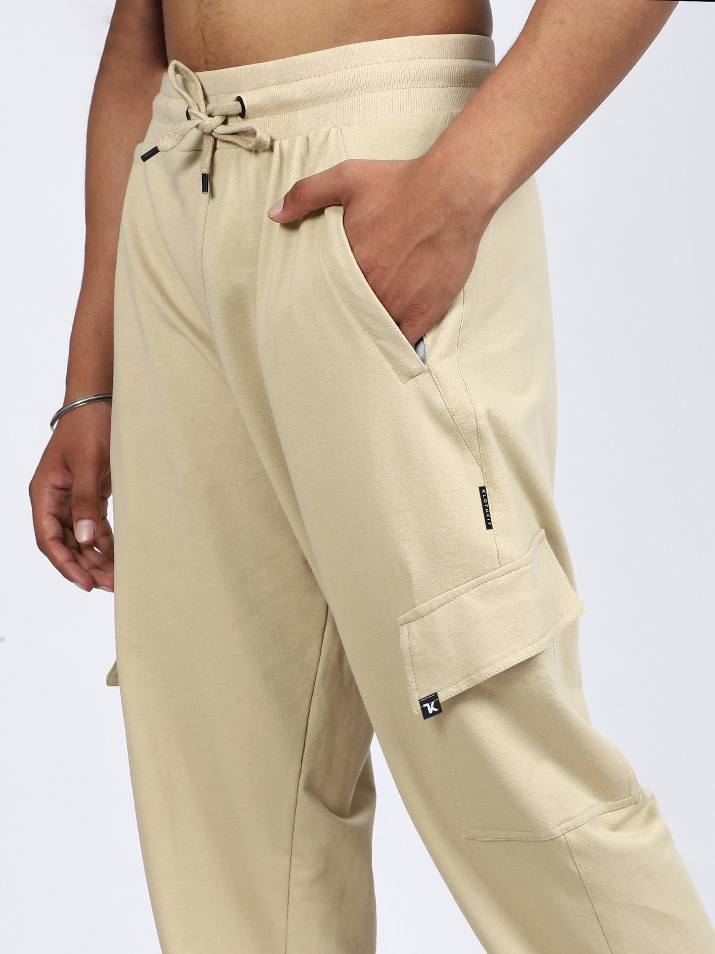 Men Solid Cargo Joggers Beige