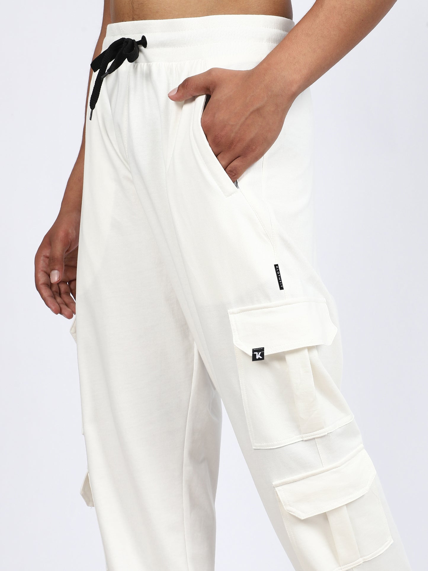 Men Solid Cargo Joggers White 6 Pocket