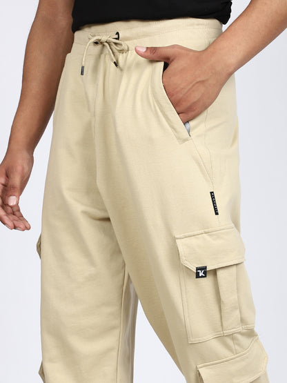 Men Solid Cargo Joggers Beige 6 Pocket