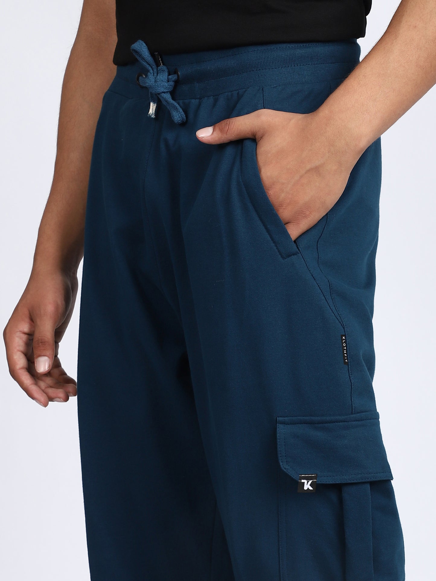 Men Solid Cargo Joggers Blue 6 Pocket
