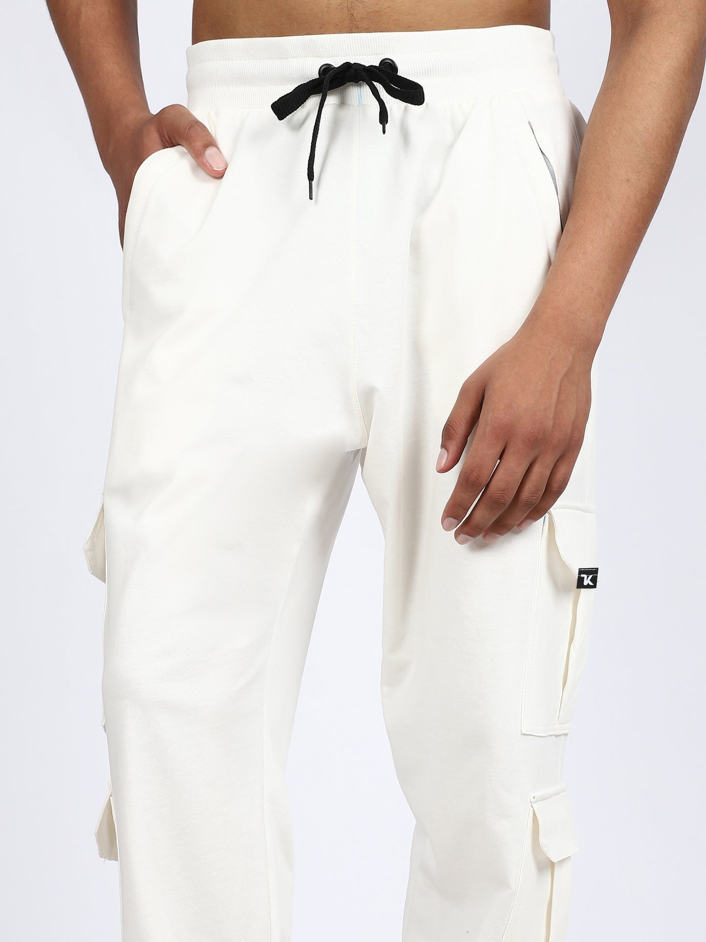 Men Solid Cargo Joggers White 6 Pocket