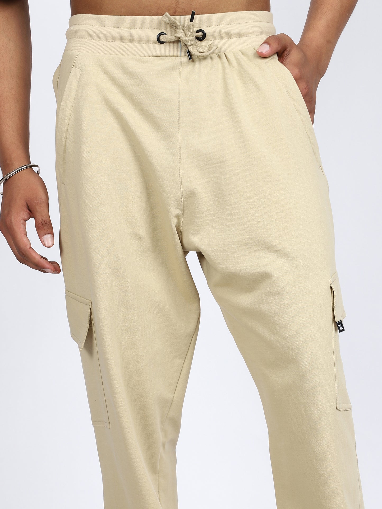 Men Solid Cargo Joggers Beige